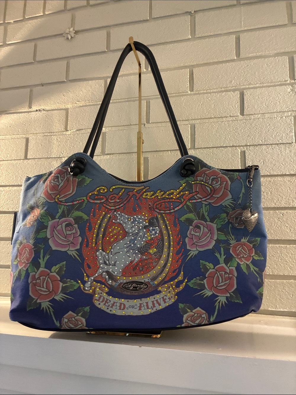 Ed Hardy Blue Floral 'Dead or Alive' Shoulder Tote Bag MSRP $100
